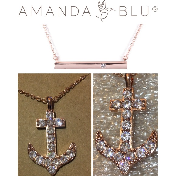 2pcs Rose Gold Bar & Paved Anchor Pendant Necklace - Picture 1 of 5